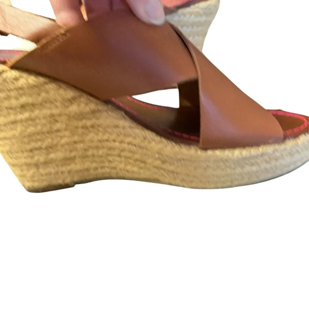Boden Tan Leather Espadrille Wedge Sandals Slingback Brown Pink Stitch 40 9.5